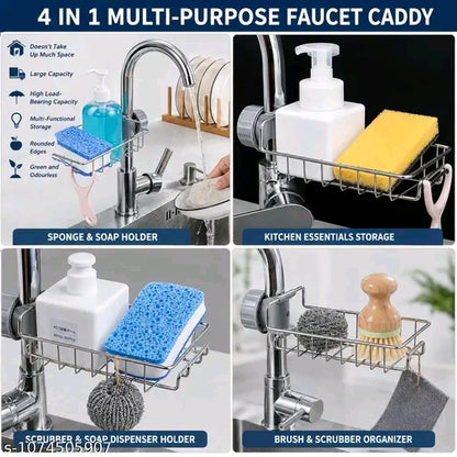 Stainless Steel Adjusting Multifunctional Over Kitchen Sink Caddy Clamp Faucet Sponge Scrubber Holder Storage Hanging Shelf Draining Bathroom Tap Shampoo Soap Organizer Rack